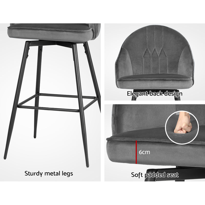 Calvin Set of 2 Bar Kitchen Stools Velvet Chair Grey