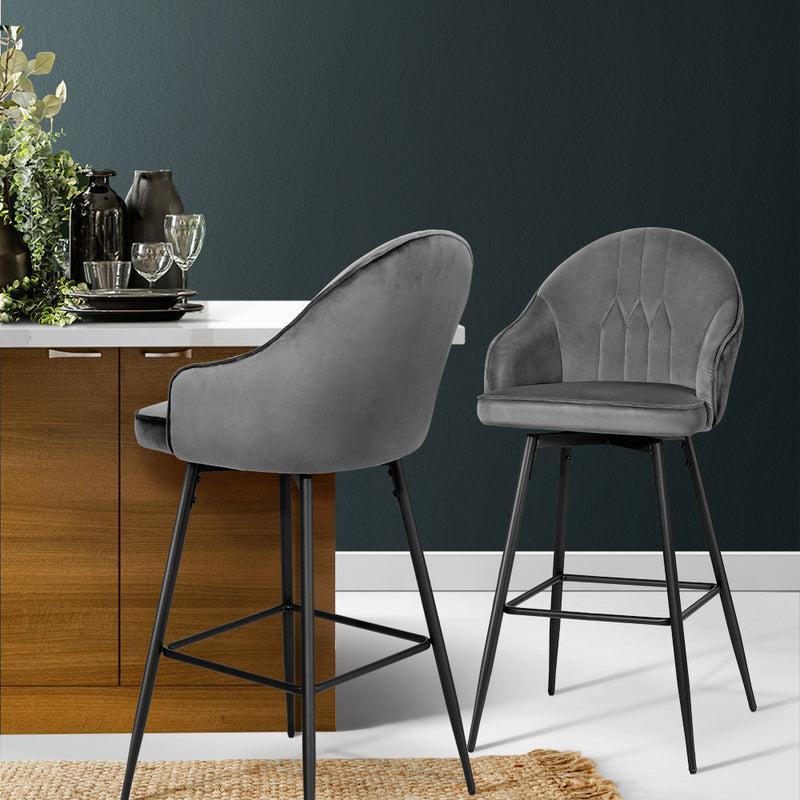 Calvin Set of 2 Bar Kitchen Stools Velvet Chair Grey