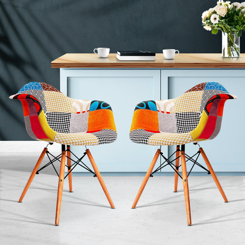 Set of 2 Retro Dining Armchairs w/ Steel Fixings - Multicolor