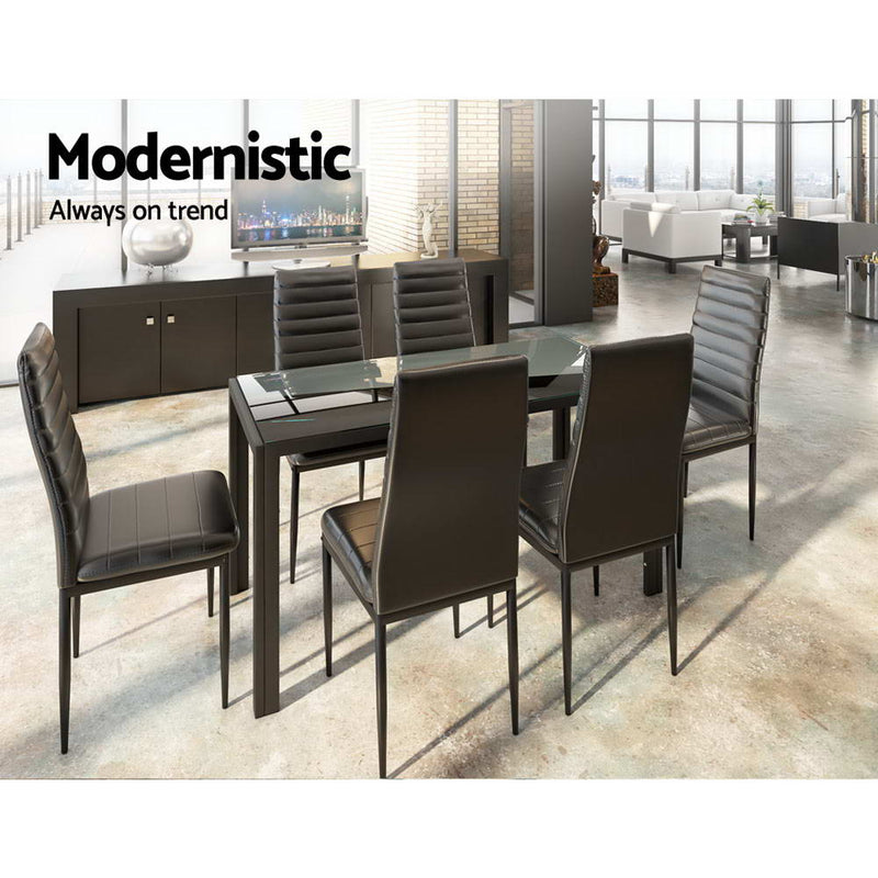 Astrid 7-Piece Set Tempered Glass Dining Set Table and 6 Chairs Black
