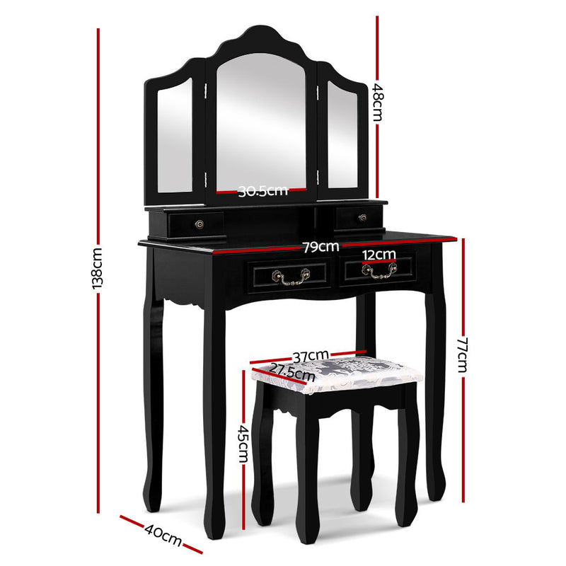 3-Panel Mirror Dressing Table - Black