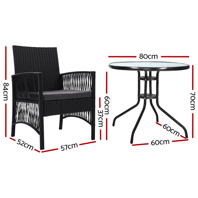 Denwoods Dining Chairs Wicker Cushion Black 3PCS Garden Bar Set Patio