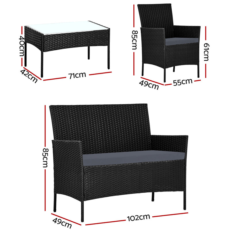 Patio Outdoor Chairs & Table Black - Wicker Set - 4 Piece