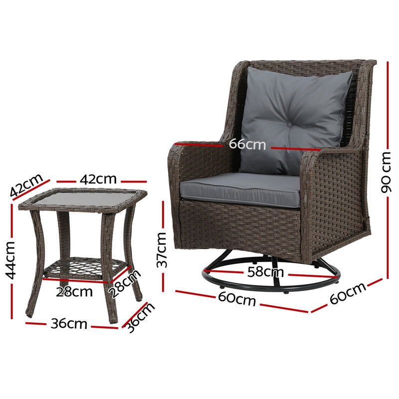 Concorde Swivel Chair Bistro Set Outdoor Chairs Patio Furniture Lounge Setting 3 Pcs Wicker