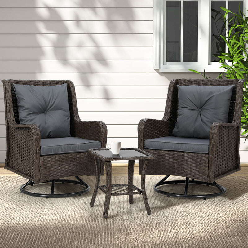 Concorde Swivel Chair Bistro Set Outdoor Chairs Patio Furniture Lounge Setting 3 Pcs Wicker