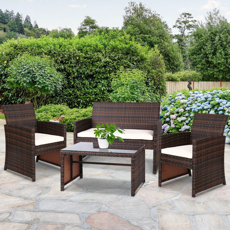Outdoor Wicker Set - 4 Piece Chairs & Table Brown - Deck Poolside
