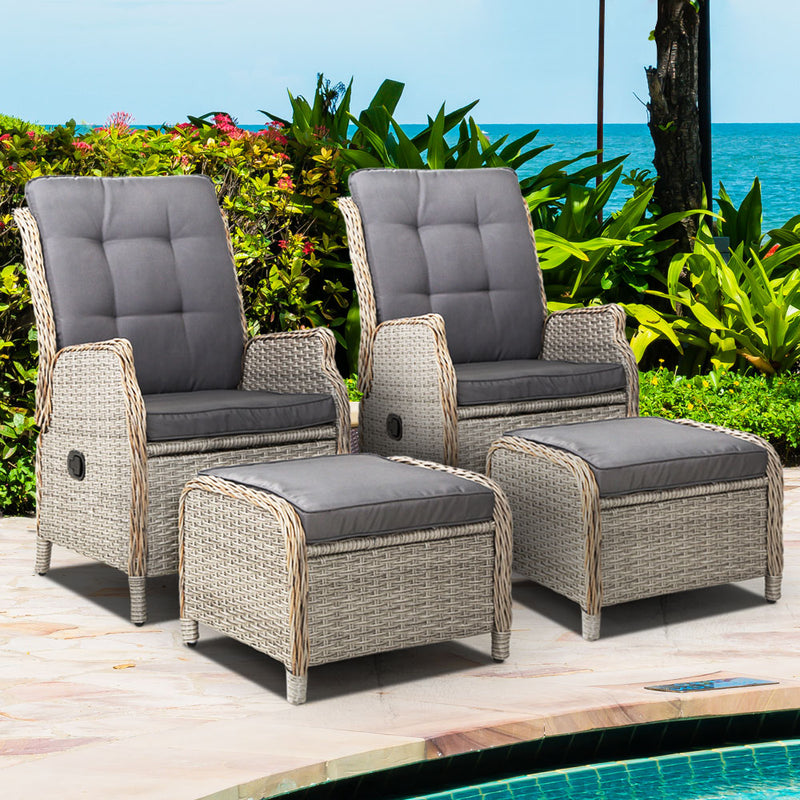Nuvali Set of 2 Recliner Chairs Sun lounge Outdoor Patio Furniture Wicker Sofa Lounger