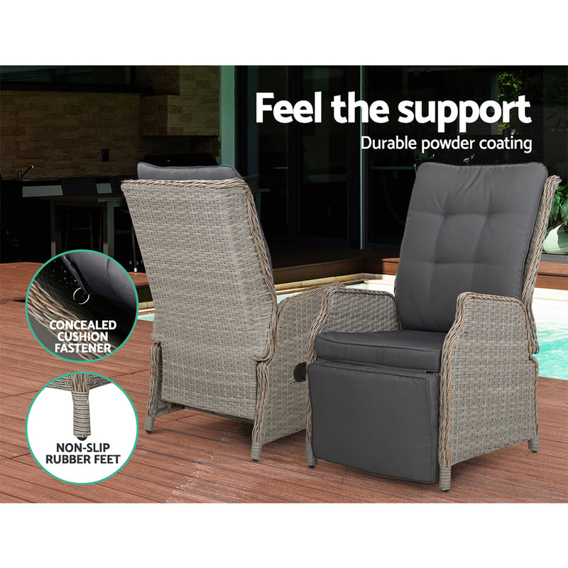 Denwoods Set of 2 Recliner Chairs Sun lounge Outdoor Furniture Setting Patio Wicker Sofa Grey
