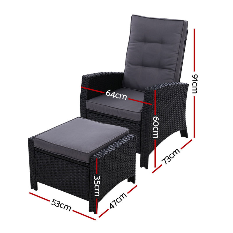 Set of 2 Outdoor Recliner Chair-Ottoman Set - Black