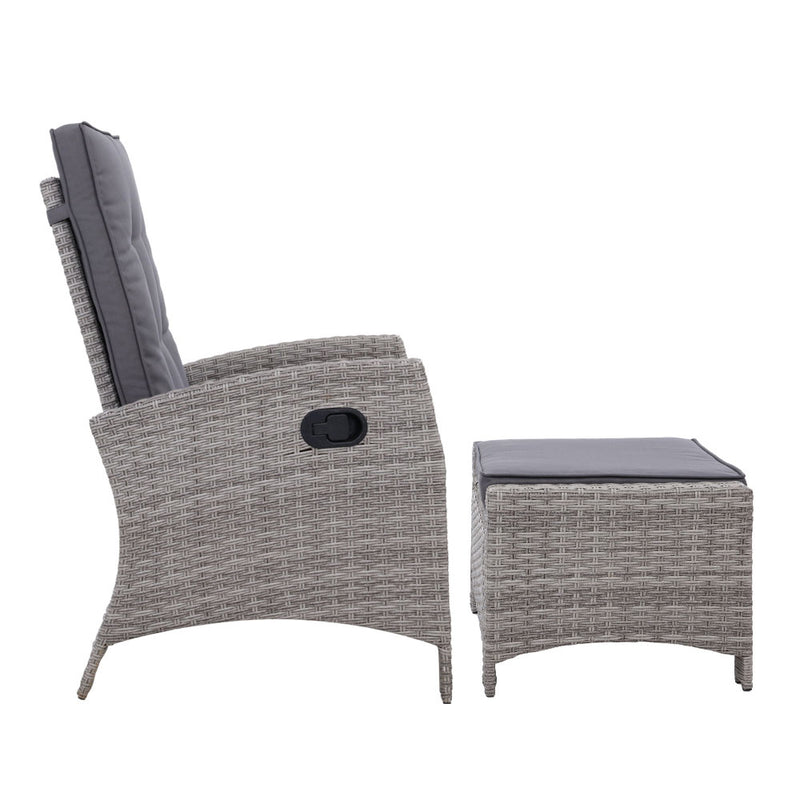 Set of 2 Outdoor Recliner Chair-Ottoman Set - Grey
