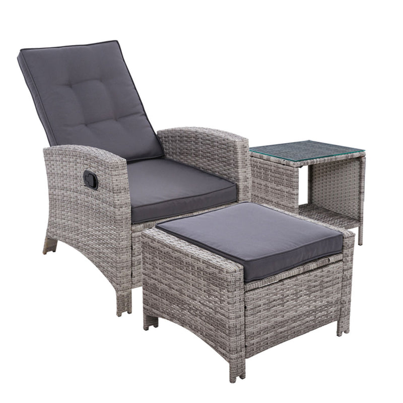 3-Piece Outdoor Lounge Set - Chair-Ottoman-Table - Grey