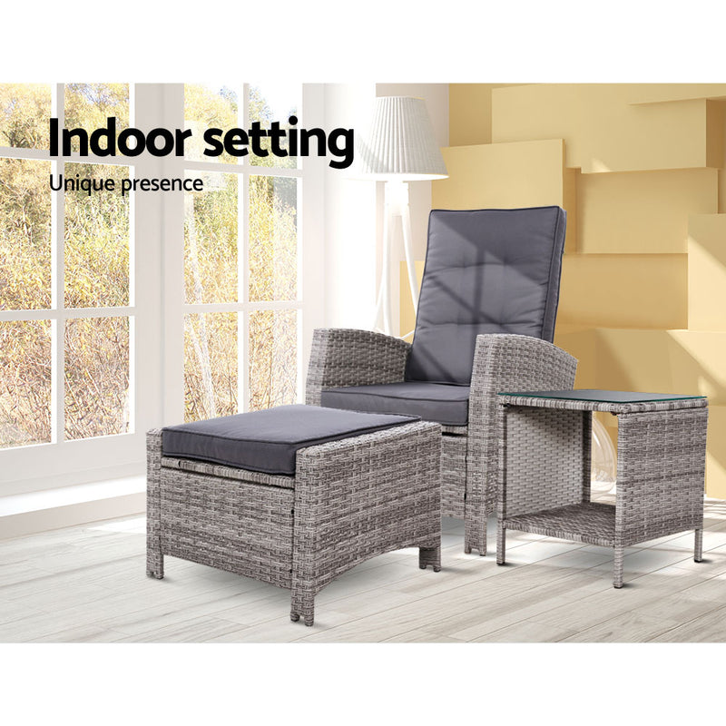 3-Piece Outdoor Lounge Set - Chair-Ottoman-Table - Grey