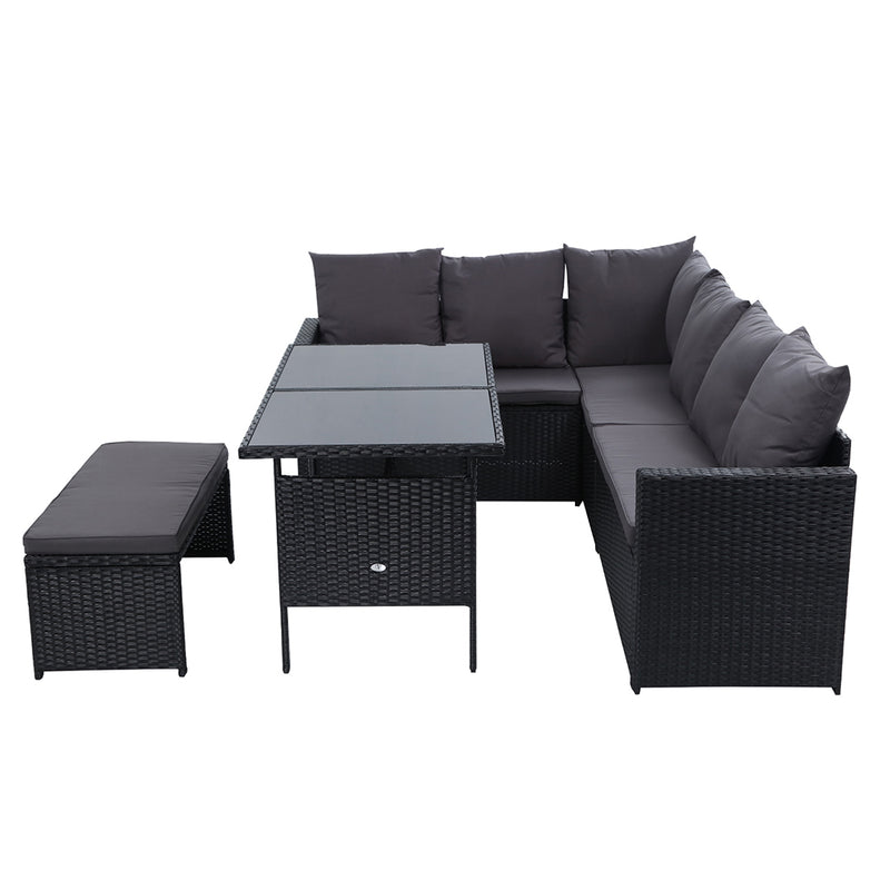 Denwoods Dining Setting Sofa Set Outdoor Furniture Wicker 8 Seater Storage Cover Black