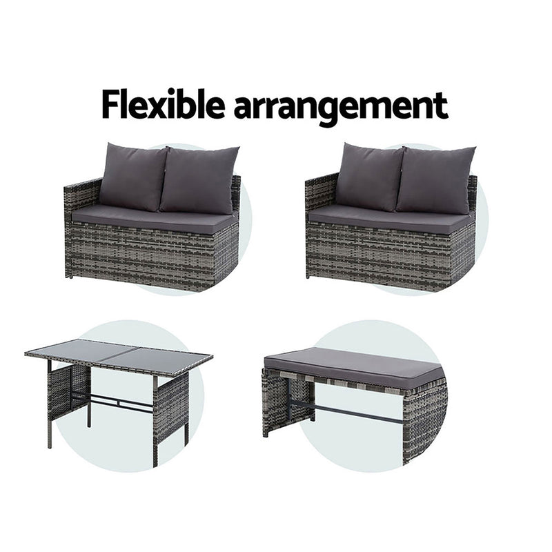 Denwoods Dining Setting Sofa Set Outdoor Furniture Lounge Wicker 8 Seater Mixed Grey