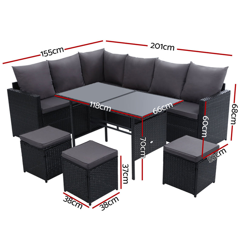 Denwoods Dining Setting Sofa Outdoor Furniture Set Lounge Wicker 9 Seater Black