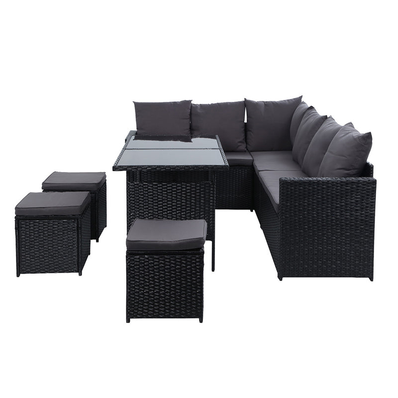 Denwoods Dining Setting Sofa Outdoor Furniture Set Lounge Wicker 9 Seater Black
