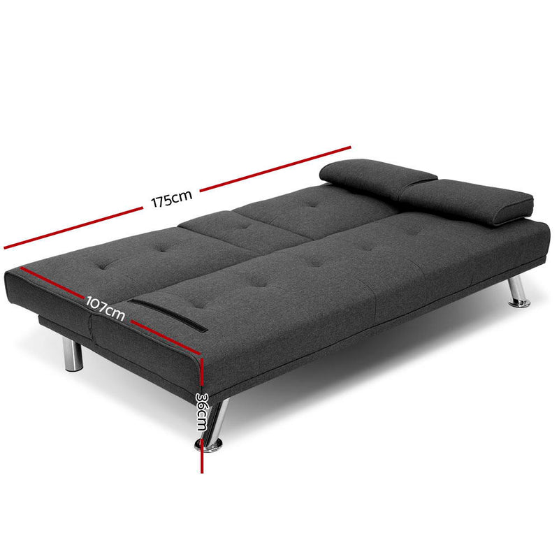 Modish Lounge Sofa Bed w/ Cup Holder - 3-Seater  Dark Grey