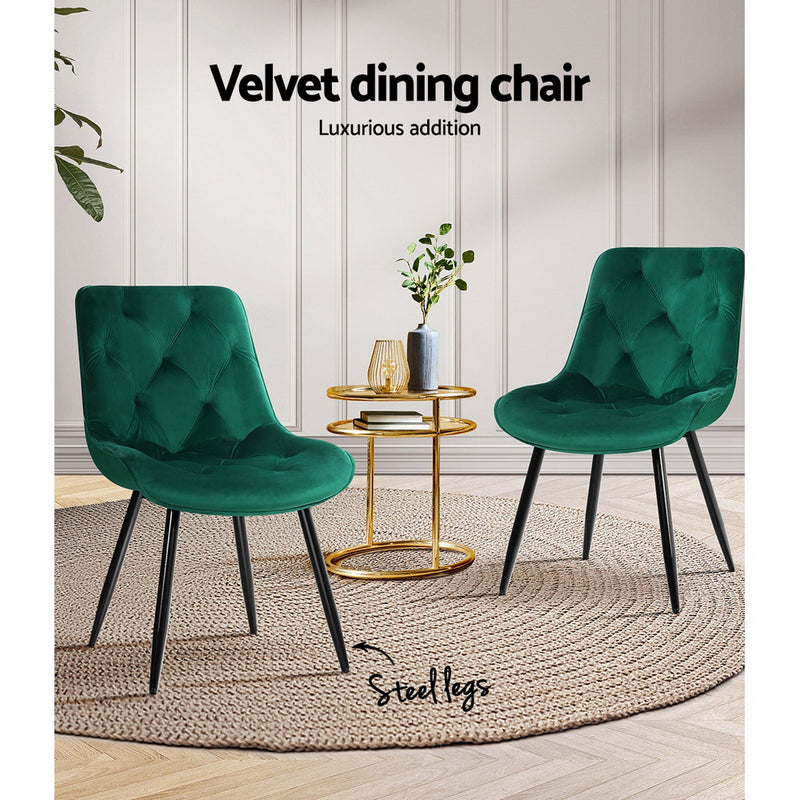 Lisbon Dining Chairs Kitchen Chairs Velvet Padded Seat Set of 2 Green