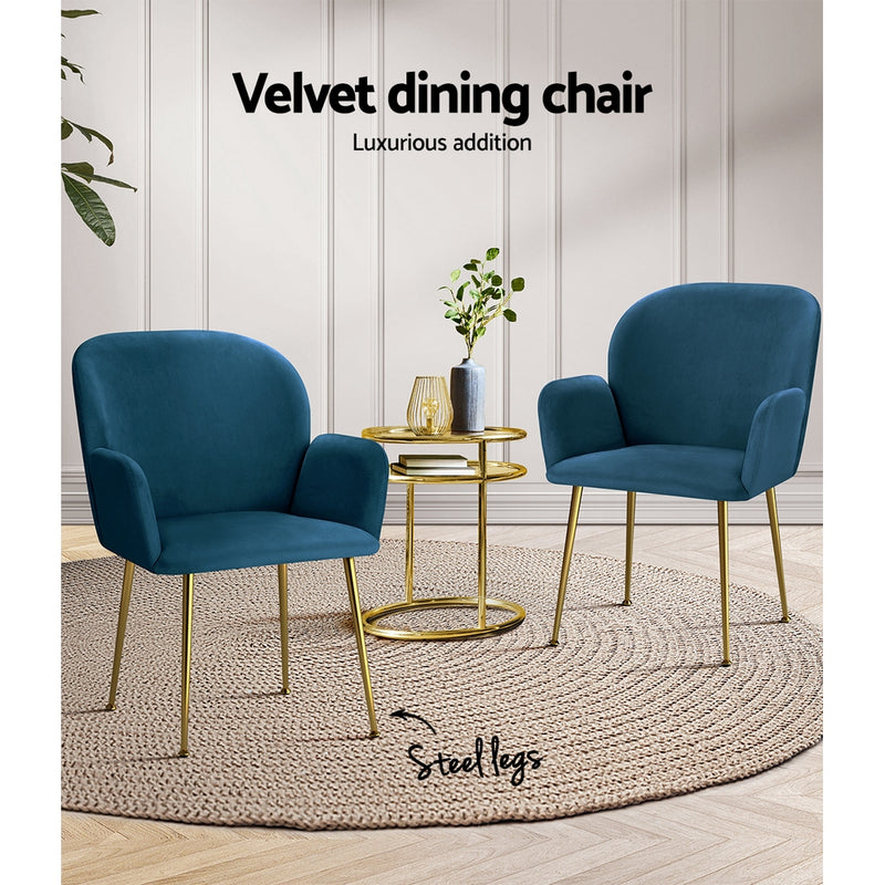 Meerah Set of 2 Dining Chairs Armchair Upholstered Velvet Blue