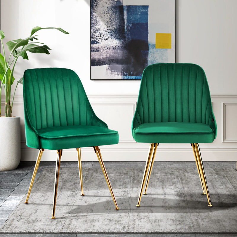 Corin Set of 2 Dining Chairs Retro Chair Cafe Kitchen Modern Metal Legs Velvet Green