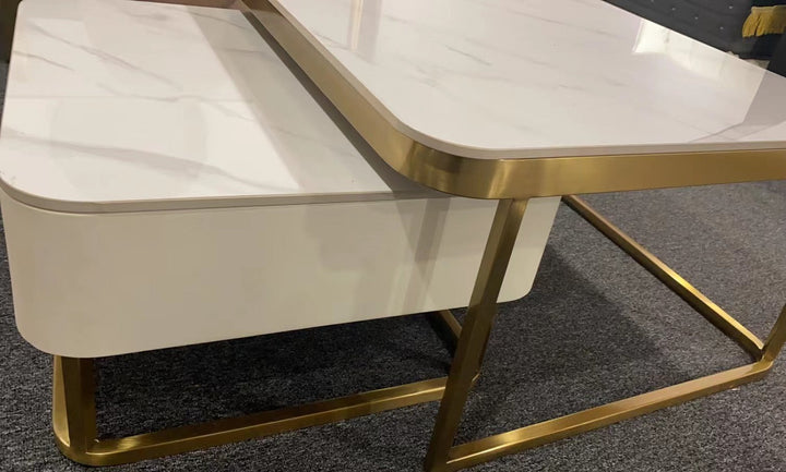 Daniel Cermaic Coffee Table Set with Storage/Ceramic Top/Steel Frame/Gold Legs