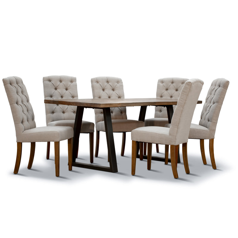 Crestwood 7pc Dining Set 180cm Table 6 Beige Fabric Chair Mango Wood