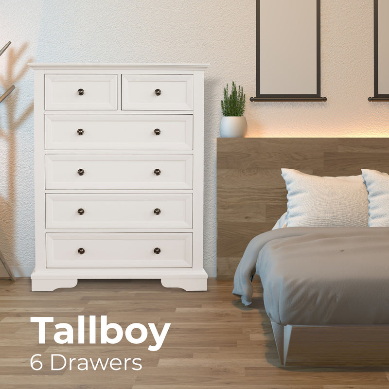 Celinne Tallboy 6 Chest of Drawers Solid Acacia Wood Bed Storage Cabinet - White