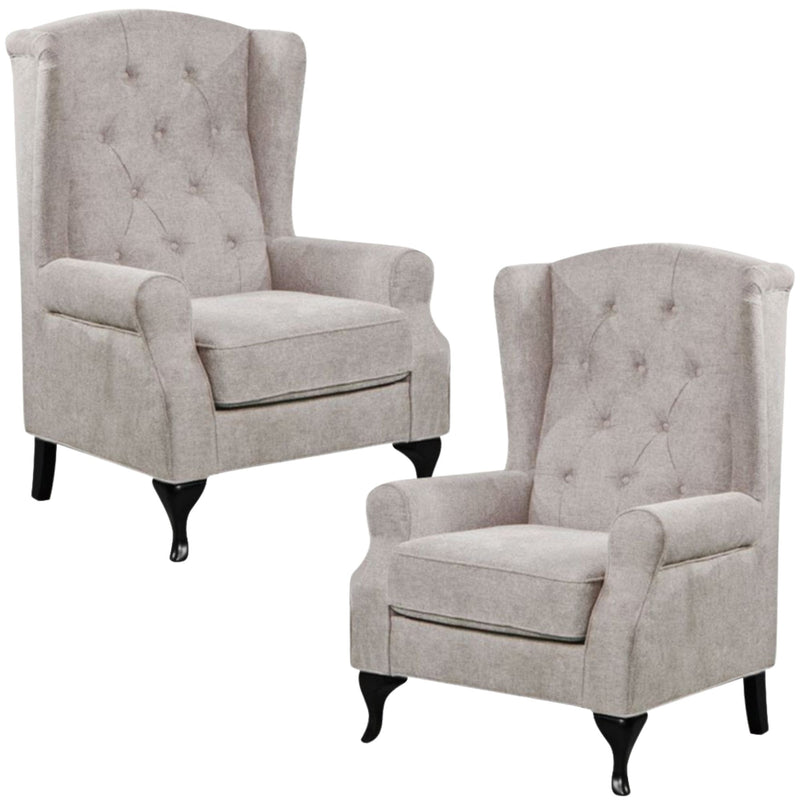 Chesterfield Armchair Set of 2 Wing Back Chair Uplholstered  - Beige