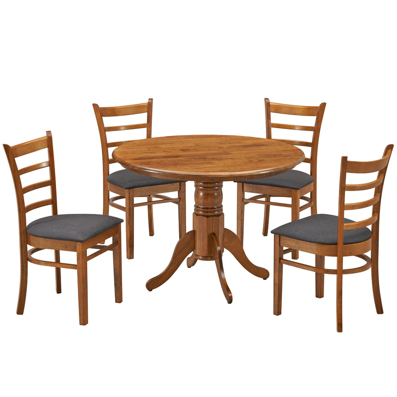Luna 5pc Dining Set 106cm Round Pedestral Table 4 Fabric Seat Chair - Walnut