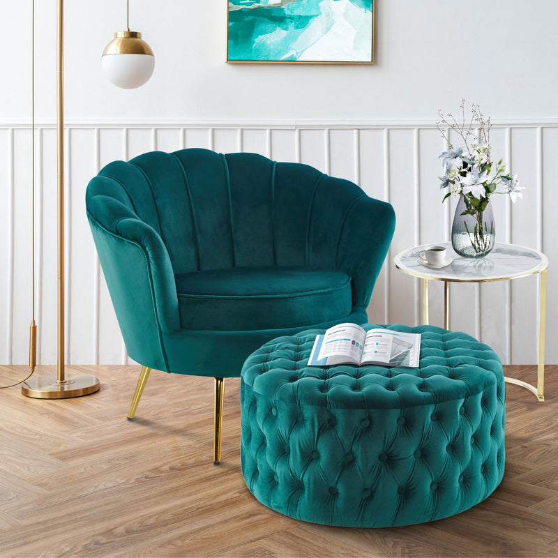 Cosmos Tufted Velvet Fabric Round Ottoman Footstools - Green