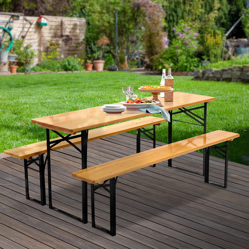 Outdoor Foldable Dining Table-Bench Set - Natural